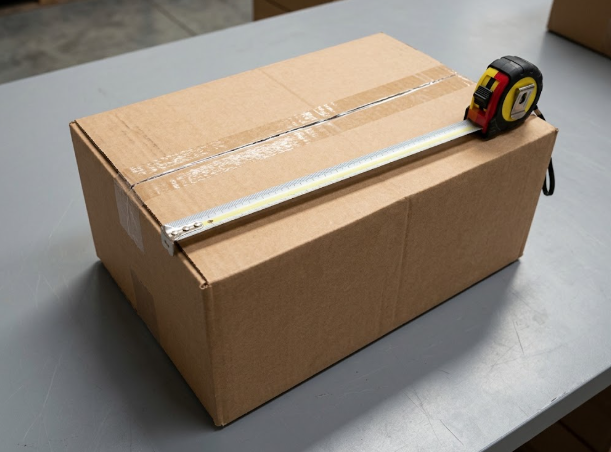 A shipping carton with a tape measure positioned to check its external length.
