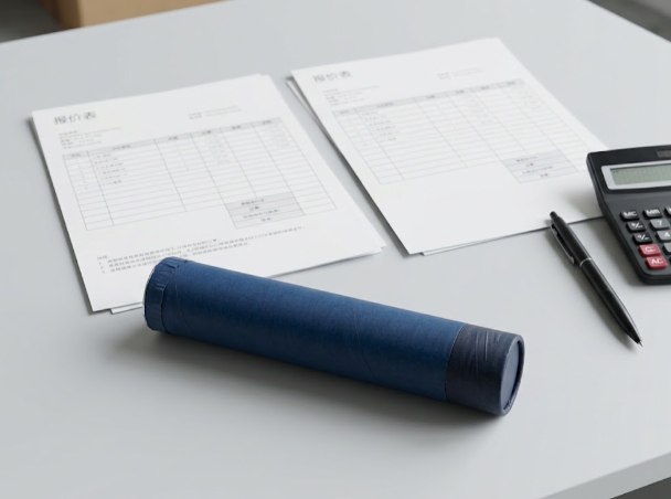 A confetti cannon sample beside quotation sheets and a calculator for order-cost review.